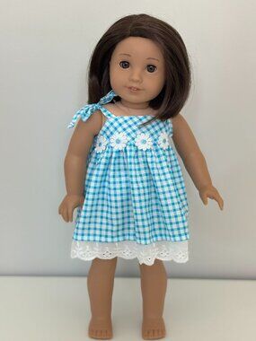 White and Blue Gingham Dress with Lace and Flower Detail